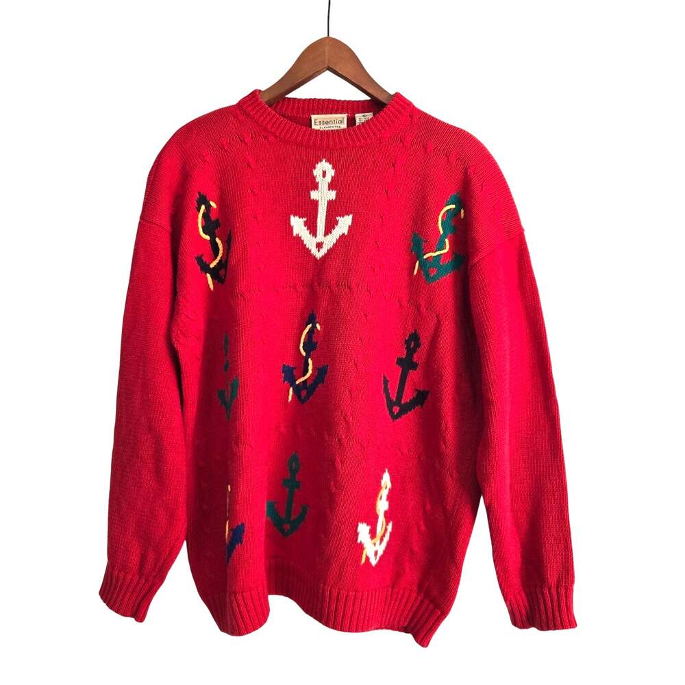 Vintage Yacht Club Red Nautical Coastal Casual Embroidered Anchor Sweater XL